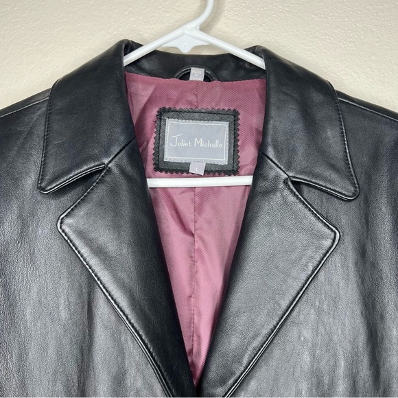 Juliet Michelle Black 100% Genuine Leather Retro 90s 00s Y2K Blazer Jacket Sz L - Picture 2 of 10